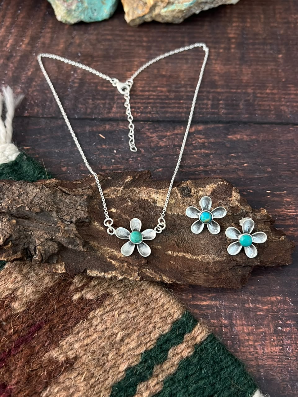 Handmade Sterling Silver Kingman Turquoise Necklace and Earrings Set Signed Nizhoni