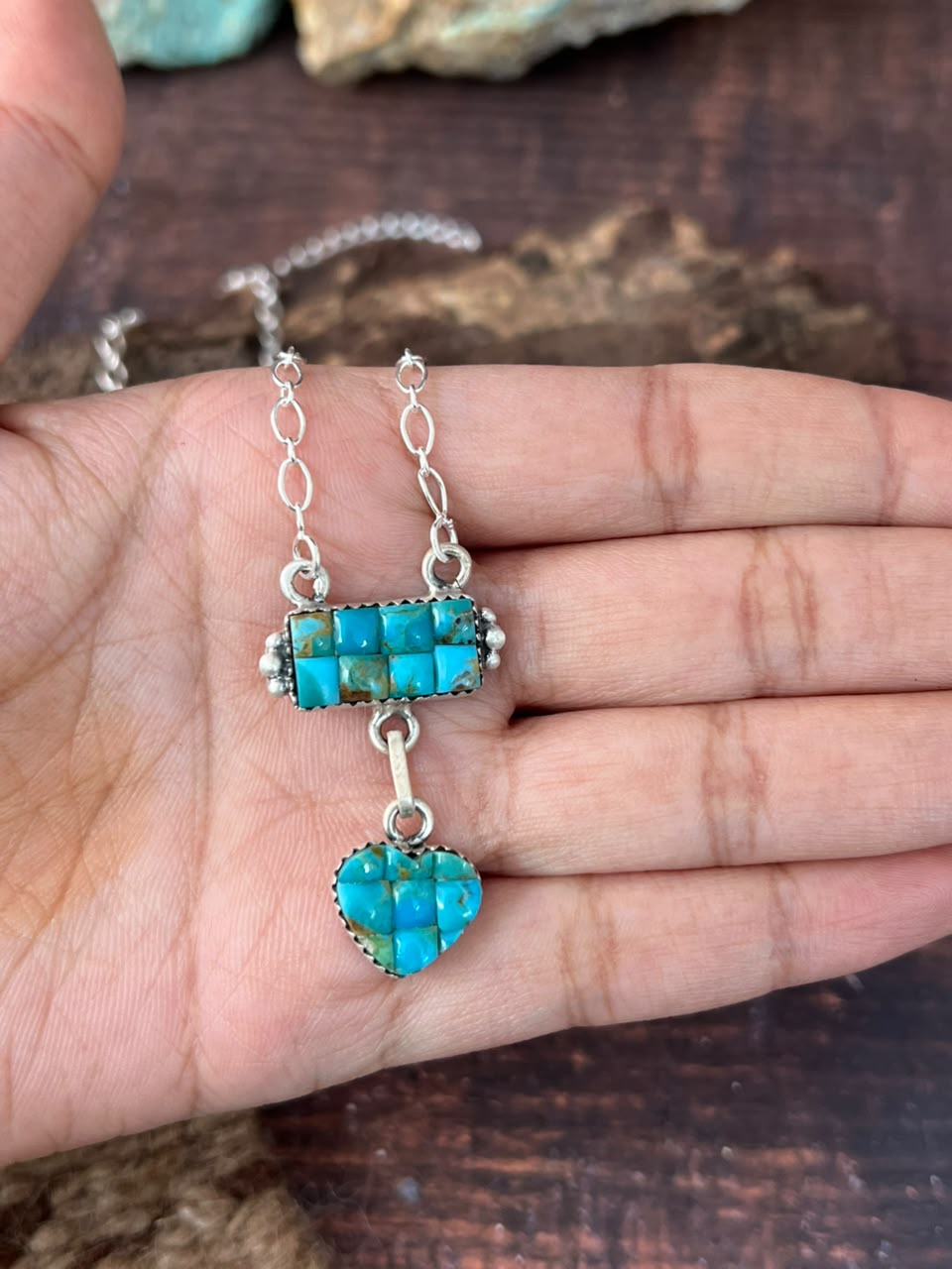 Handmade Sterling Silver Kingman Turquoise Cobble Stone Necklace Signed Nizhoni