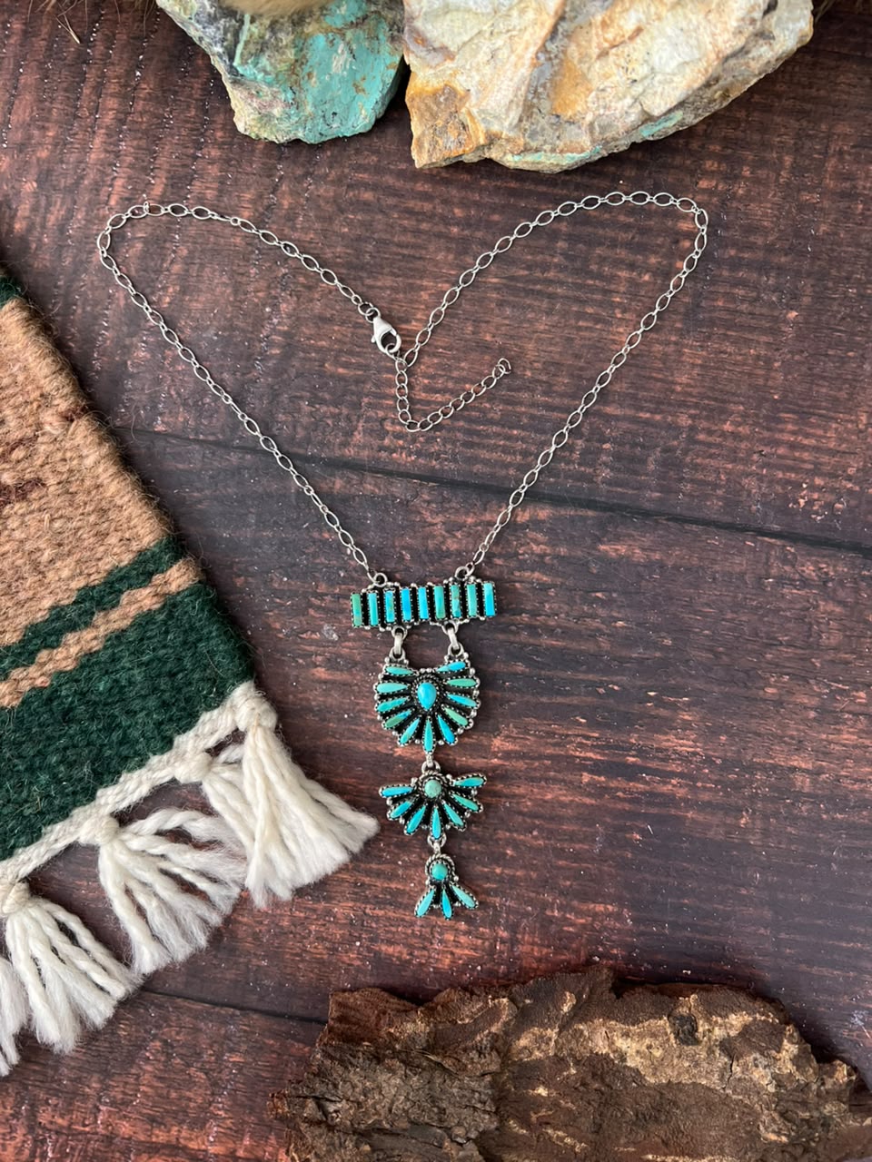 Handmade Sterling Silver Kingman Turquoise Drop Necklace Signed Nizhoni