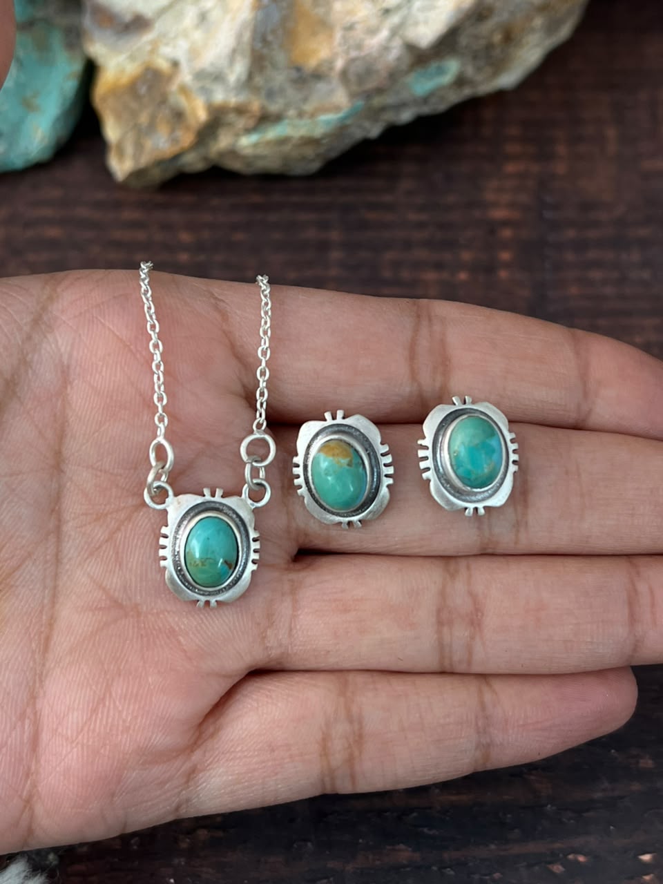 Handmade Sterling Silver Kingman Turquoise Necklace and Earrings Set Signed Nizhoni