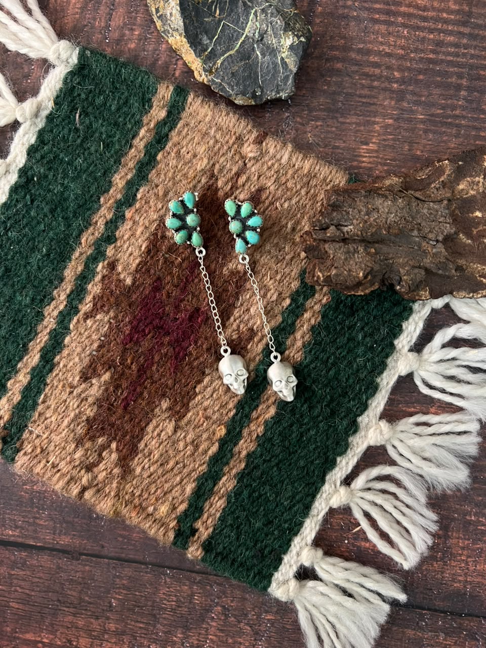 Handmade Sterling Silver Kingman Turquoise Halloween Collection: Post Dangle Earrings Signed Nizhoni