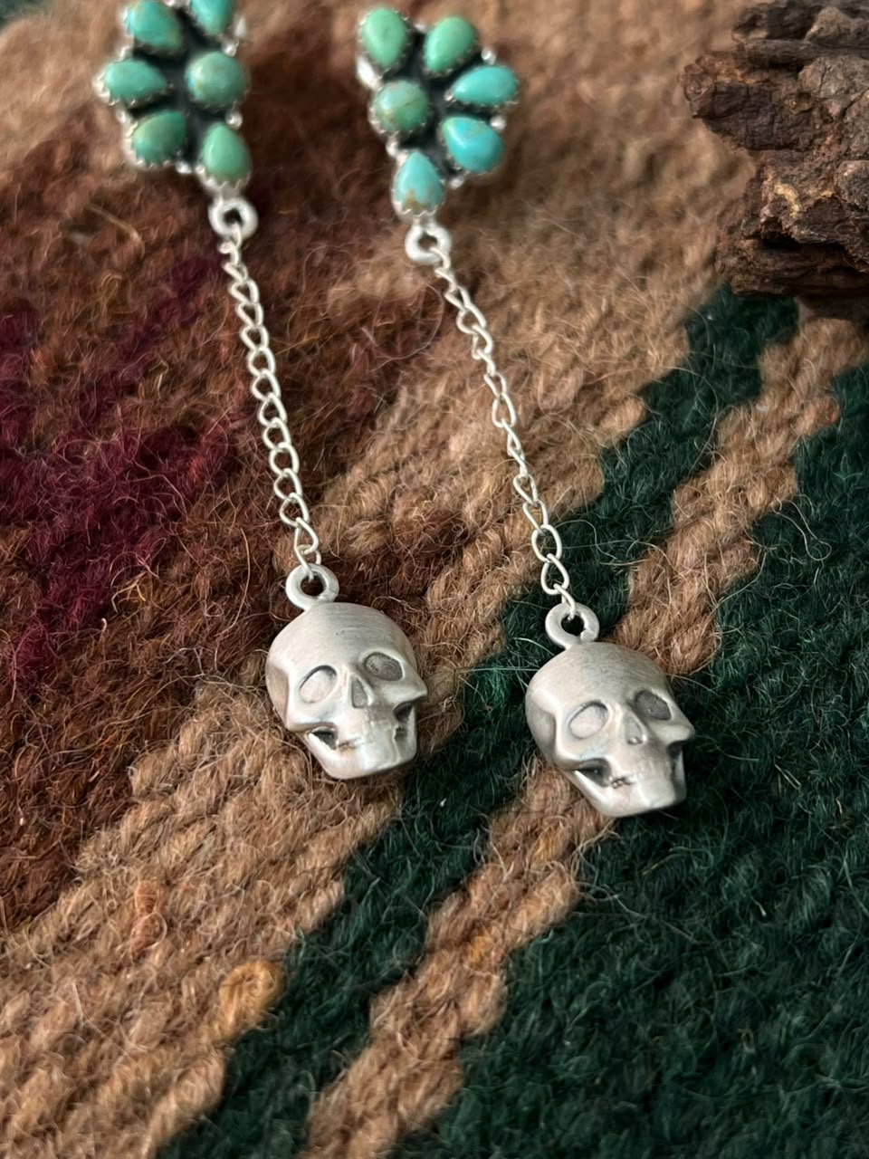 Handmade Sterling Silver Kingman Turquoise Halloween Collection: Post Dangle Earrings Signed Nizhoni