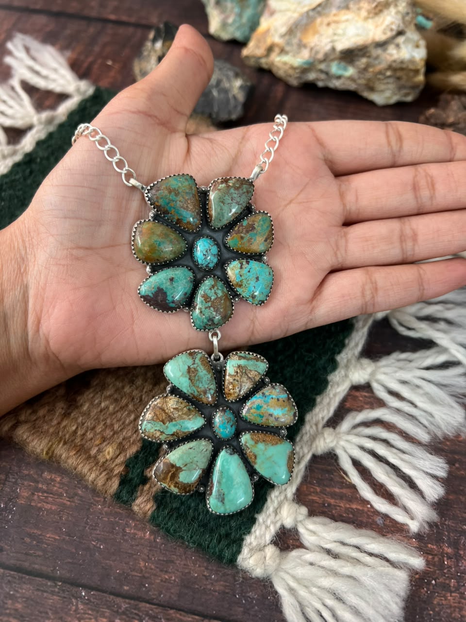 Handmade Sterling Silver Royston Turquoise Drop Necklace Signed Nizhoni