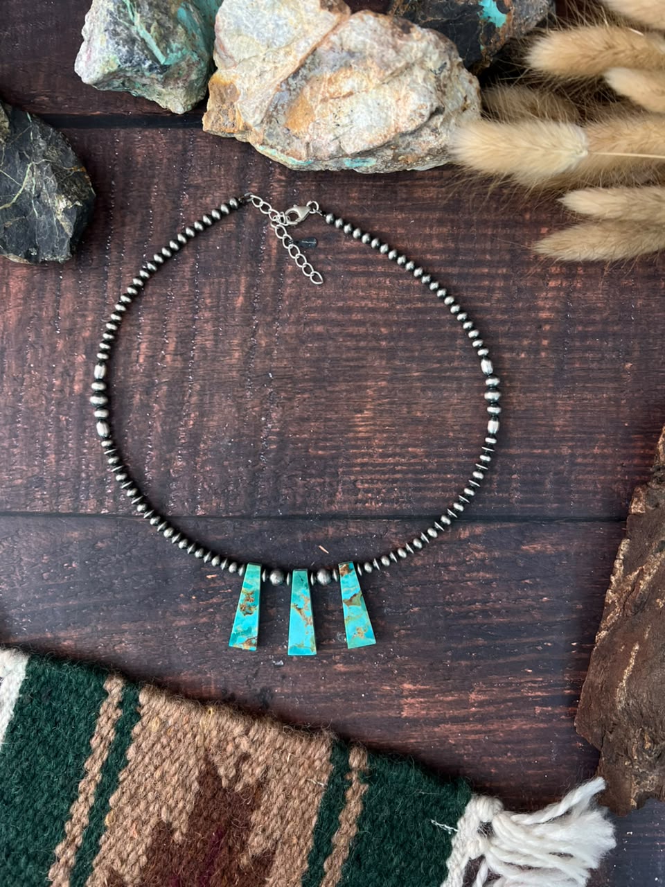 Handmade Sterling Silver Kingman Turquoise Beaded Necklace Signed Nizhoni
