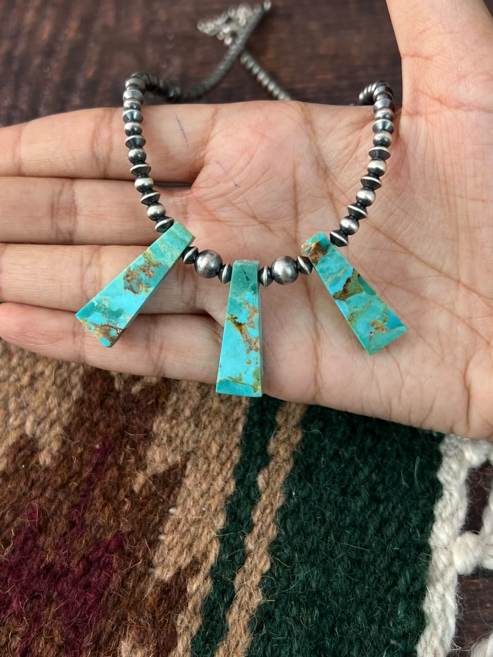 Handmade Sterling Silver Kingman Turquoise Beaded Necklace Signed Nizhoni