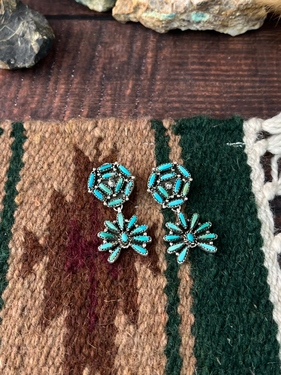 Handmade Sterling Silver Kingman Turquoise Post Dangle Earrings Signed Nizhoni