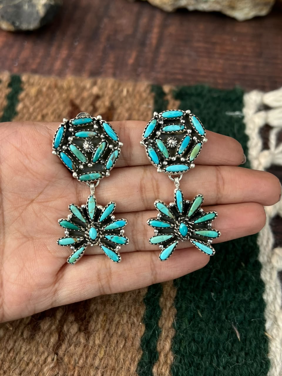 Handmade Sterling Silver Kingman Turquoise Post Dangle Earrings Signed Nizhoni