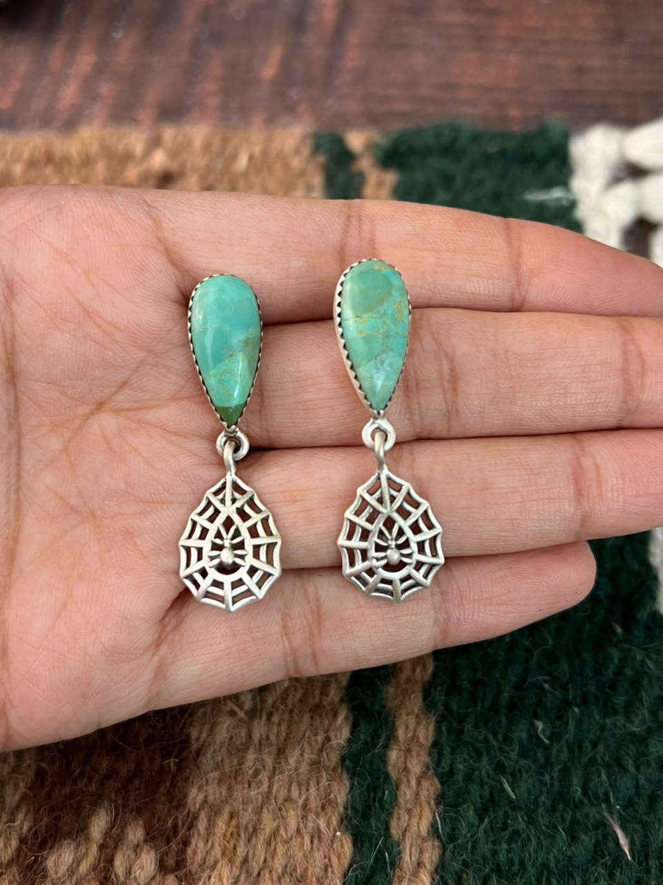 Handmade Sterling Silver Kingman Turquoise Halloween Collection: Post Dangle Earrings Signed Nizhoni