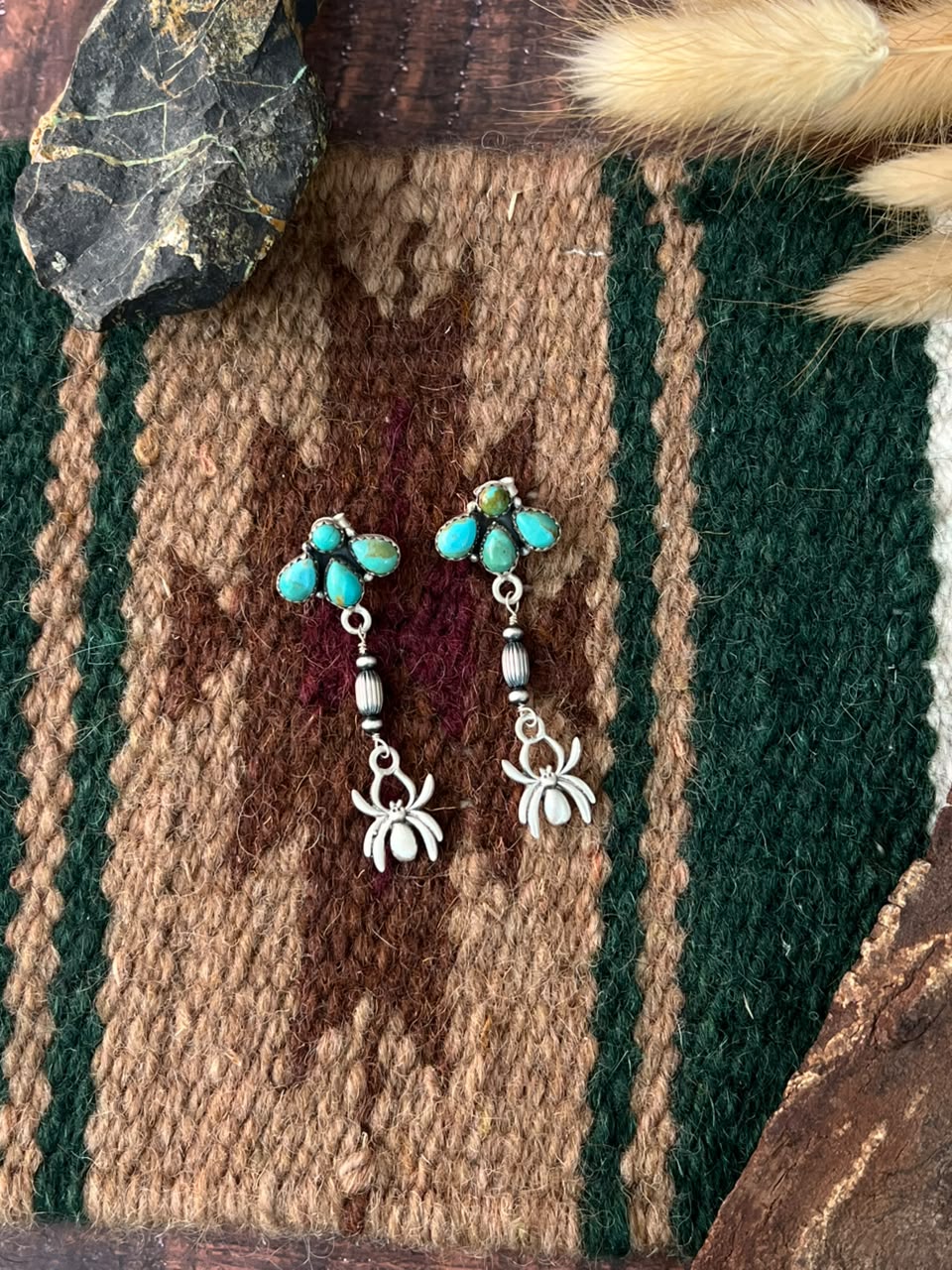 Handmade Sterling Silver Kingman Turquoise Halloween Collection: Spider Post Dangle Earrings Signed Nizhoni