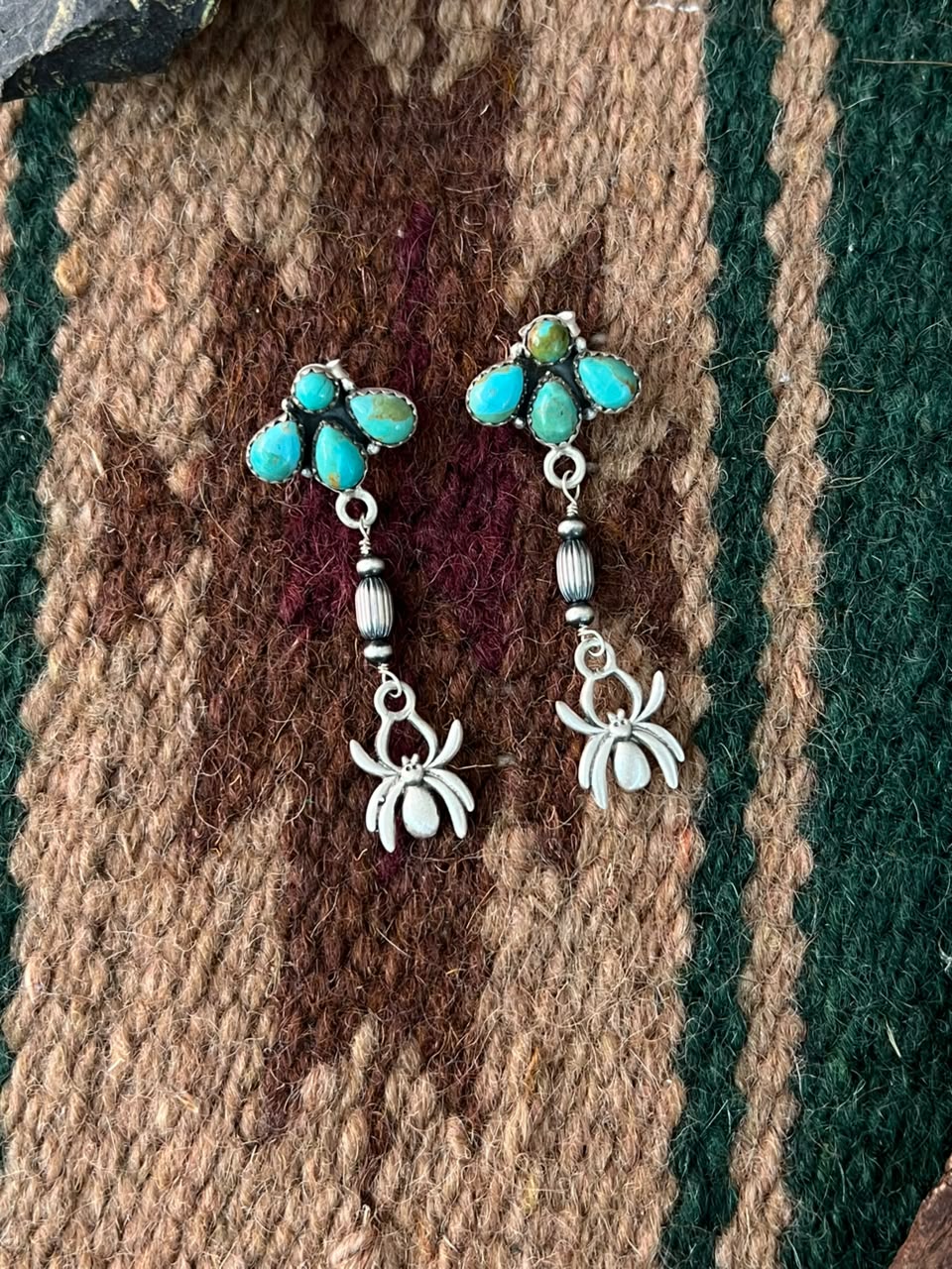 Handmade Sterling Silver Kingman Turquoise Halloween Collection: Spider Post Dangle Earrings Signed Nizhoni