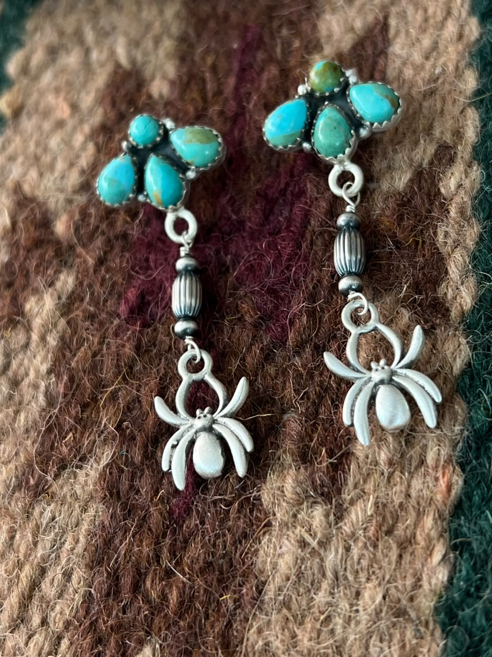 Handmade Sterling Silver Kingman Turquoise Halloween Collection: Spider Post Dangle Earrings Signed Nizhoni