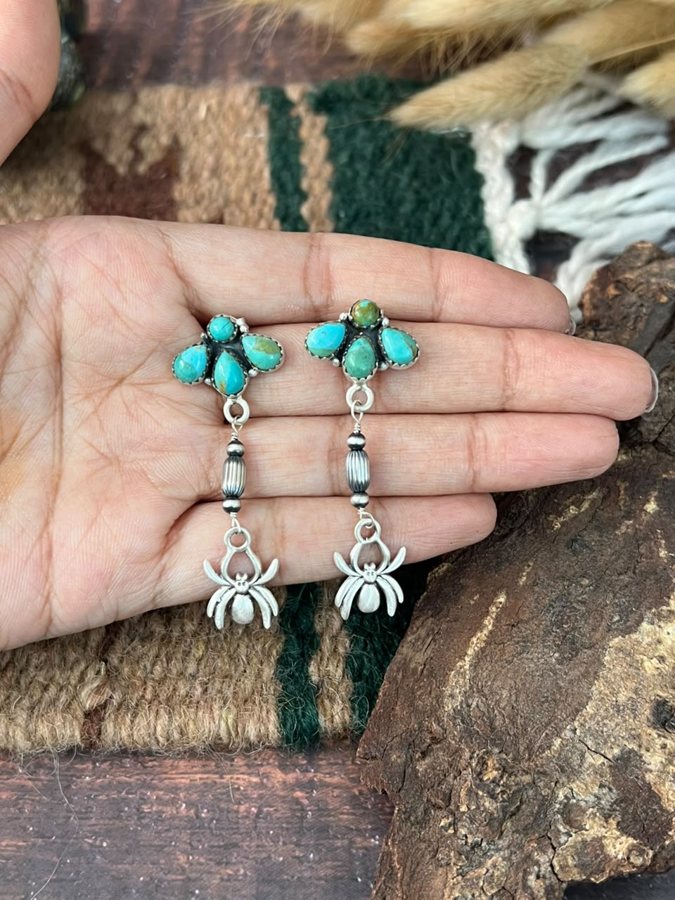 Handmade Sterling Silver Kingman Turquoise Halloween Collection: Spider Post Dangle Earrings Signed Nizhoni