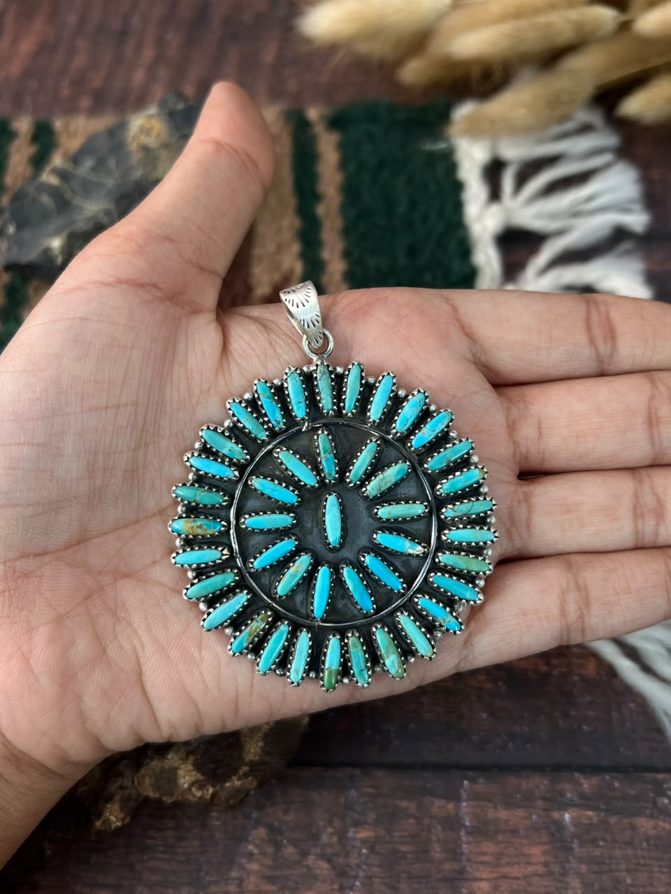 Handmade Sterling Silver Kingman Turquoise Pendant Signed Nizhoni