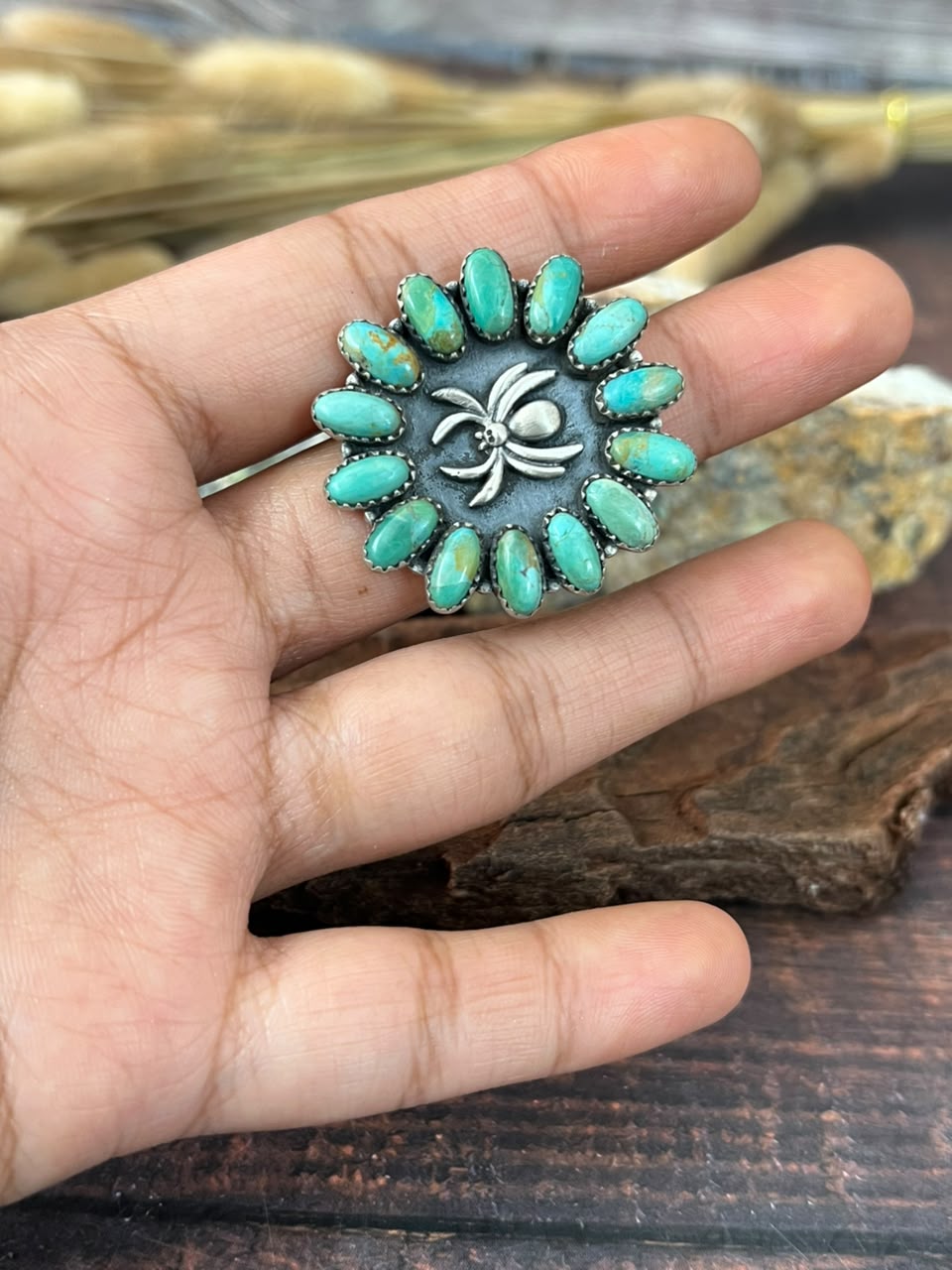Handmade Sterling Silver Kingman Turquoise Halloween Collection: Adjustable Ring Signed Nizhoni