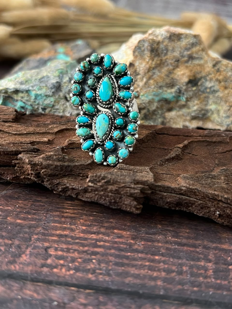 Handmade Sterling Silver Kingman Turquoise Adjustable Ring Signed Nizhoni