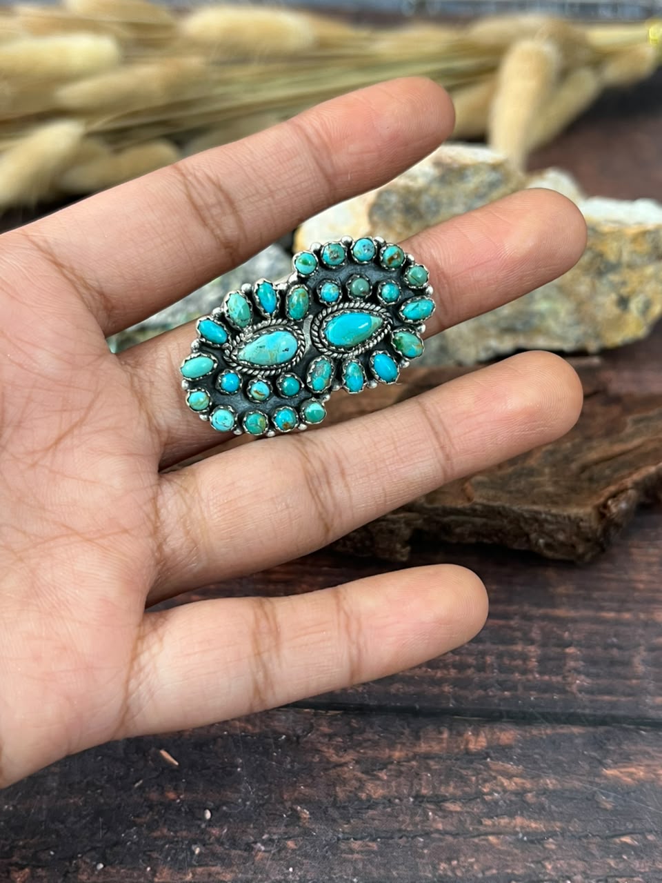 Handmade Sterling Silver Kingman Turquoise Adjustable Ring Signed Nizhoni