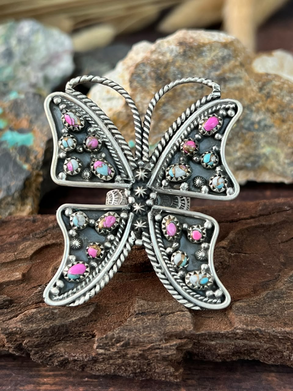 Handmade Sterling Silver Cotton Candy Butterfly Adjustable Ring Signed Nizhoni