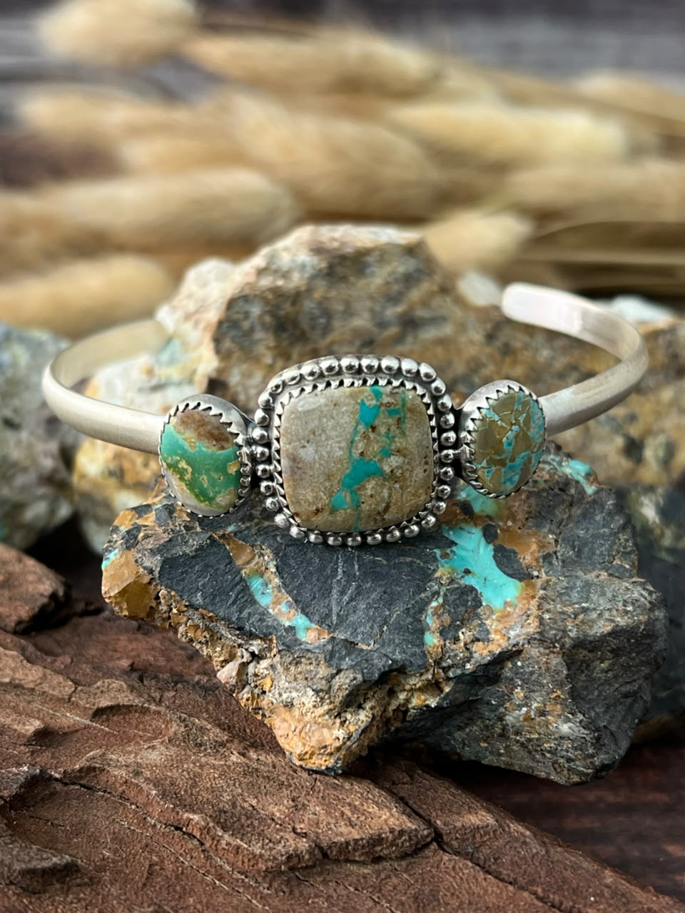 Handmade Sterling Silver Royston Ribbon Turquoise Cuff Bracelet Signed Nizhoni