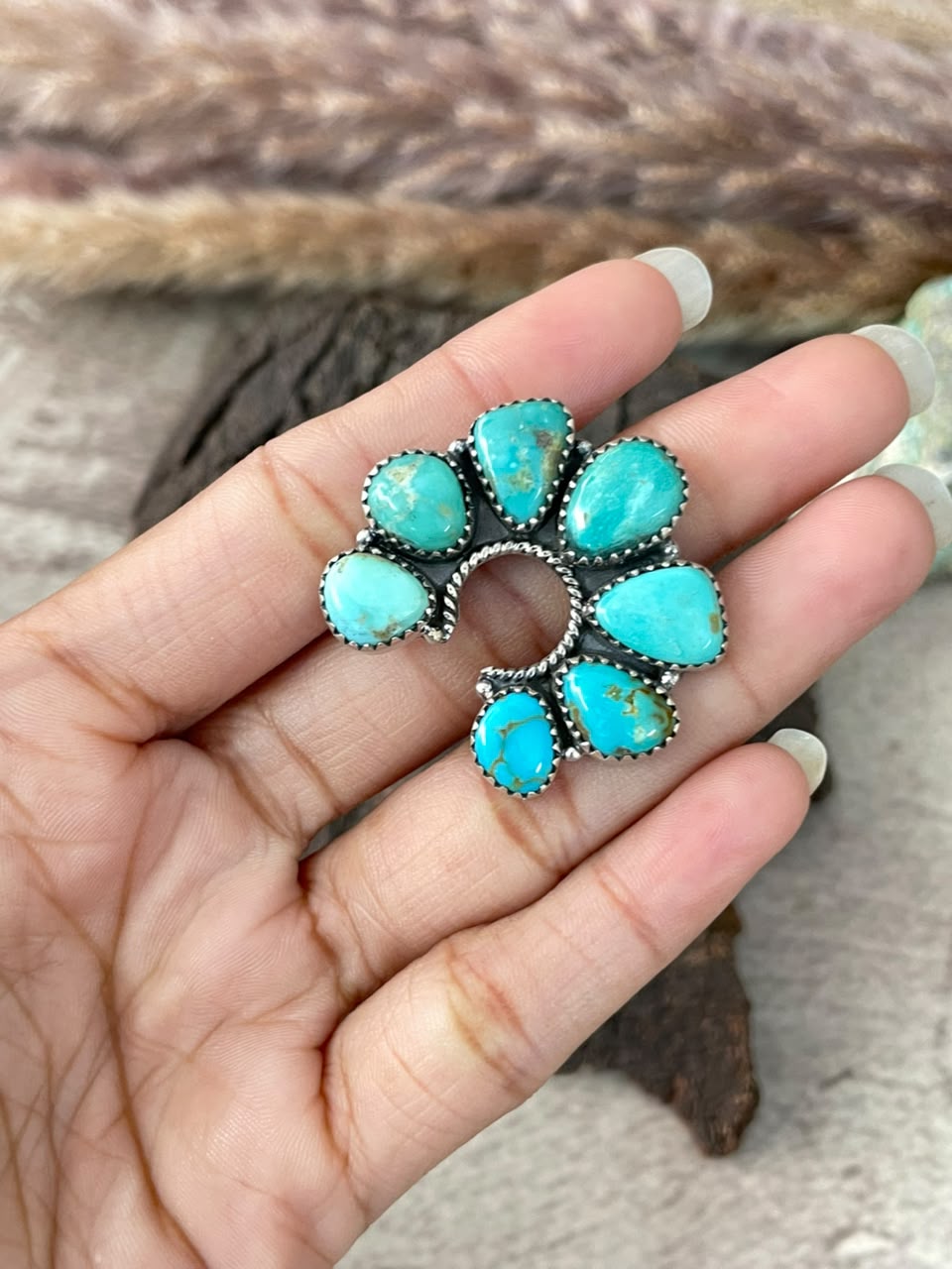 Handmade Sterling Silver Santa Maria Turquoise Naja Adjustable Ring Signed Nizhoni