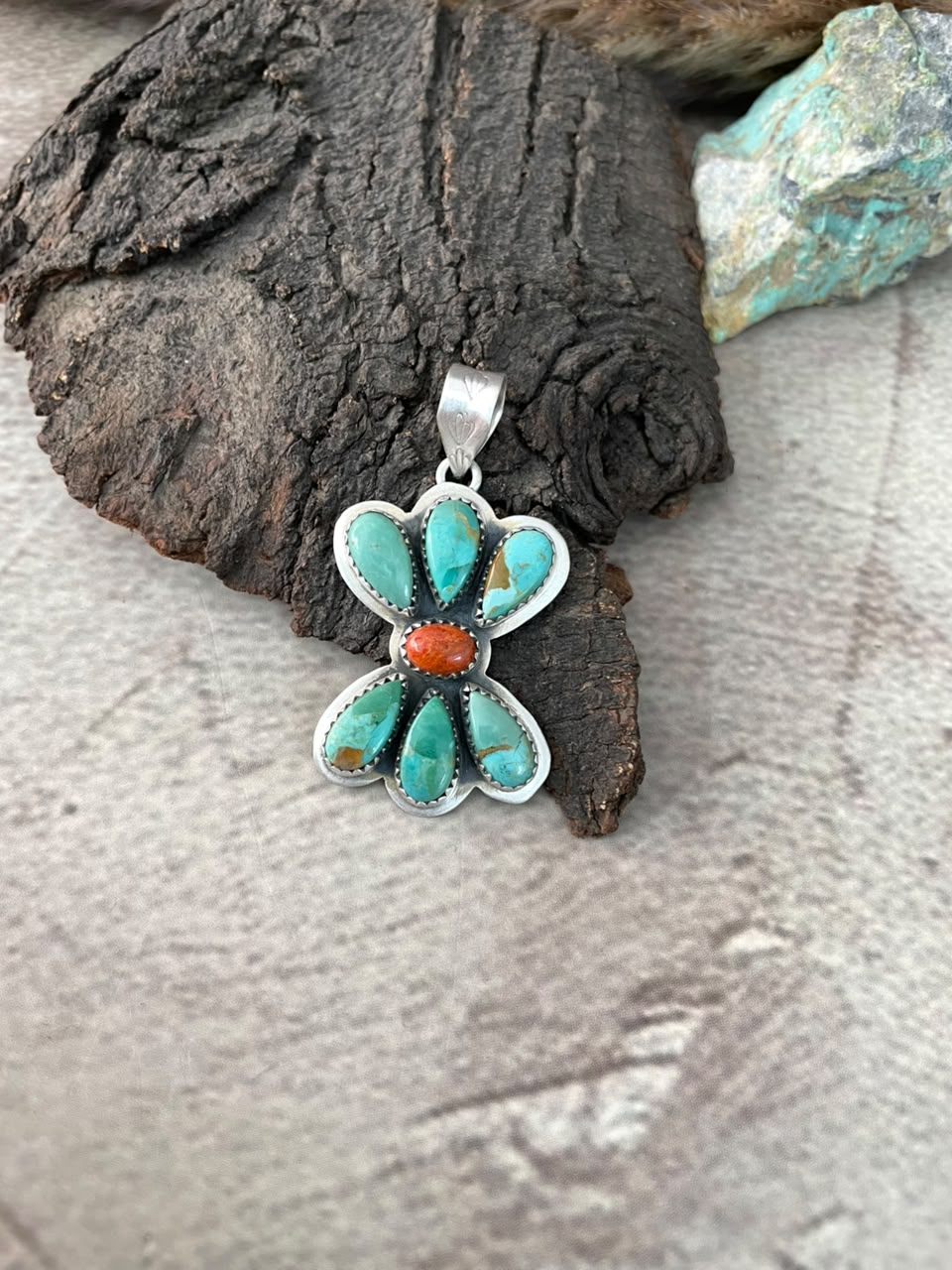 Handmade Sterling Silver Orange Mojave with Kingman Turquoise Pendant Signed Nizhoni