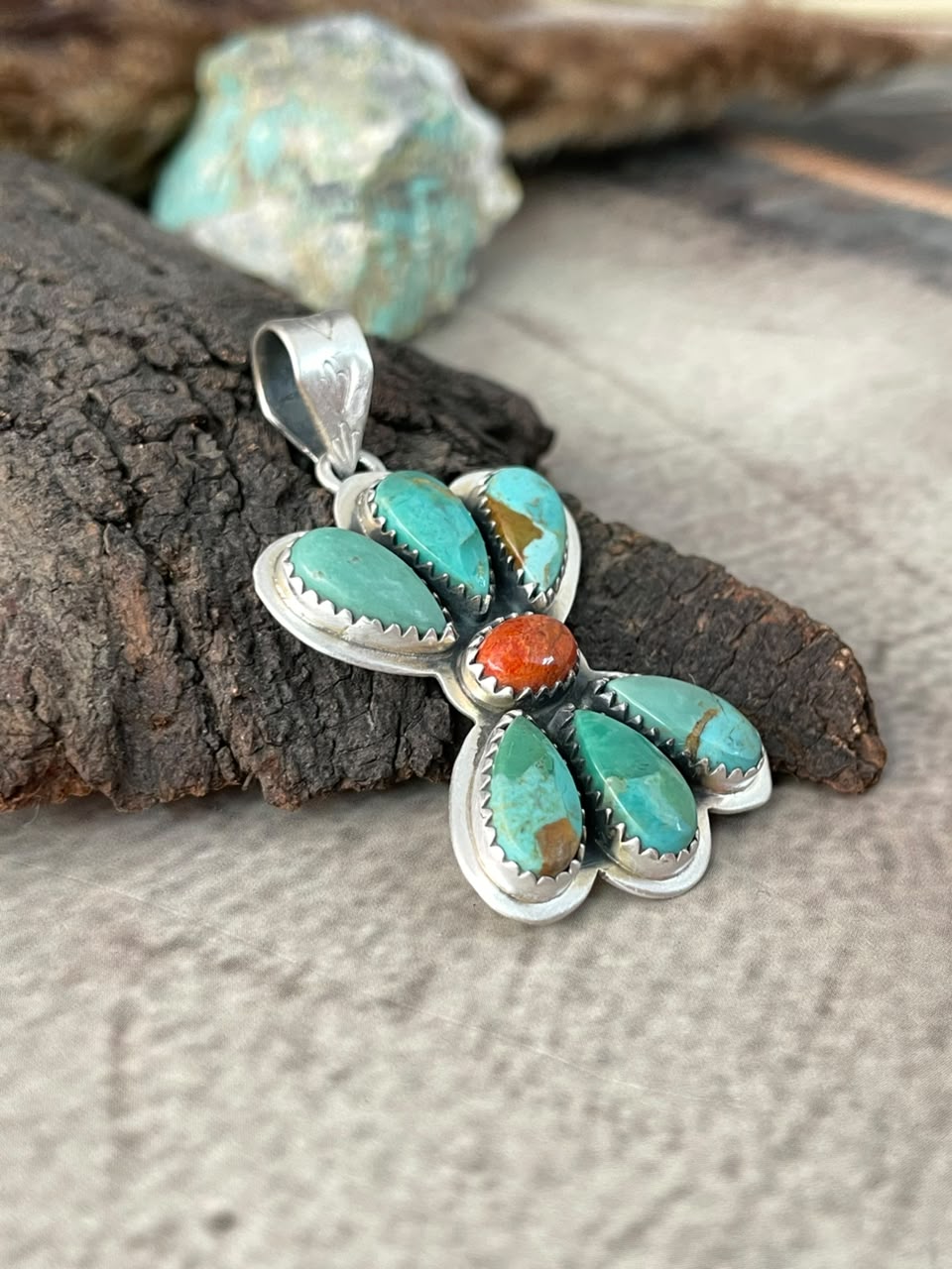 Handmade Sterling Silver Orange Mojave with Kingman Turquoise Pendant Signed Nizhoni