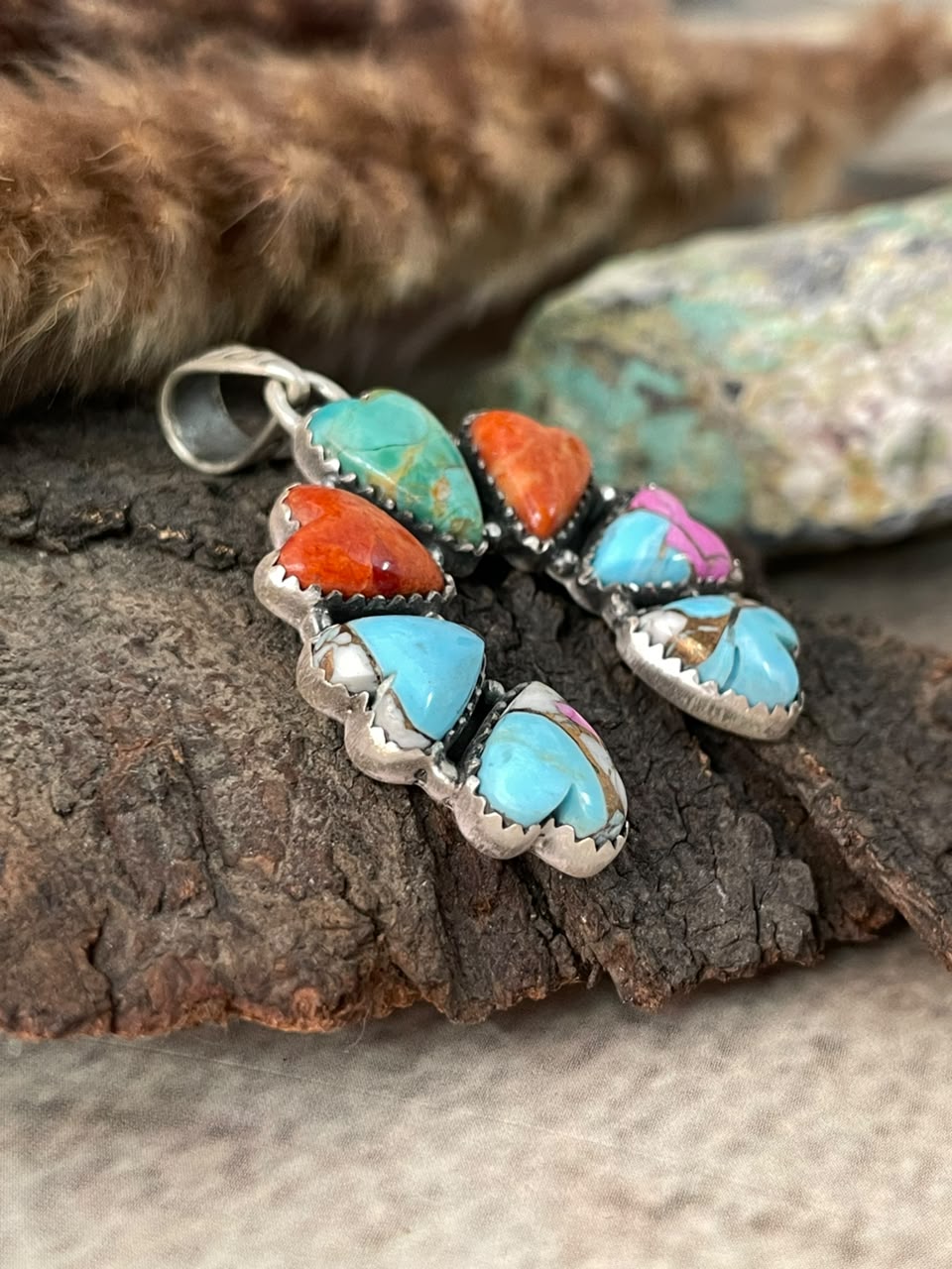 Handmade Sterling Silver Orange Mojave with Kingman Turquoise and Cotton Candy Naja Pendant Signed Nizhoni