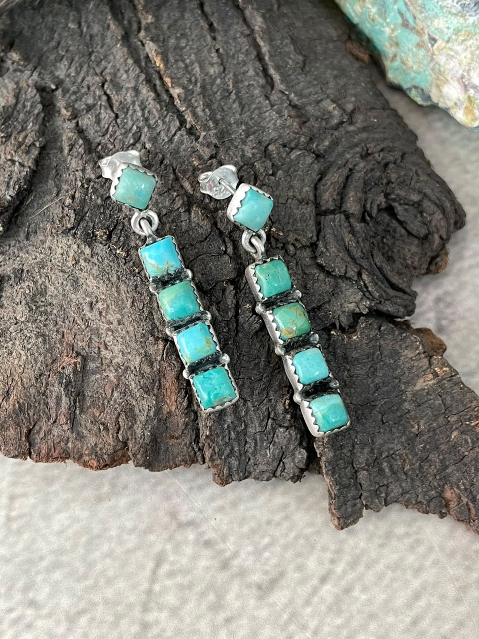 Handmade Sterling Silver Kingman Turquoise Post Dangle Earrings Signed Nizhoni