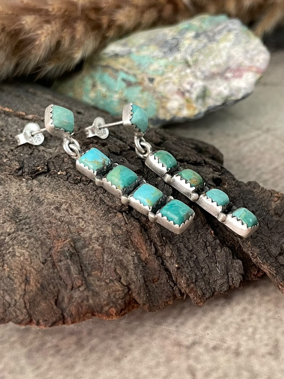 Handmade Sterling Silver Kingman Turquoise Post Dangle Earrings Signed Nizhoni