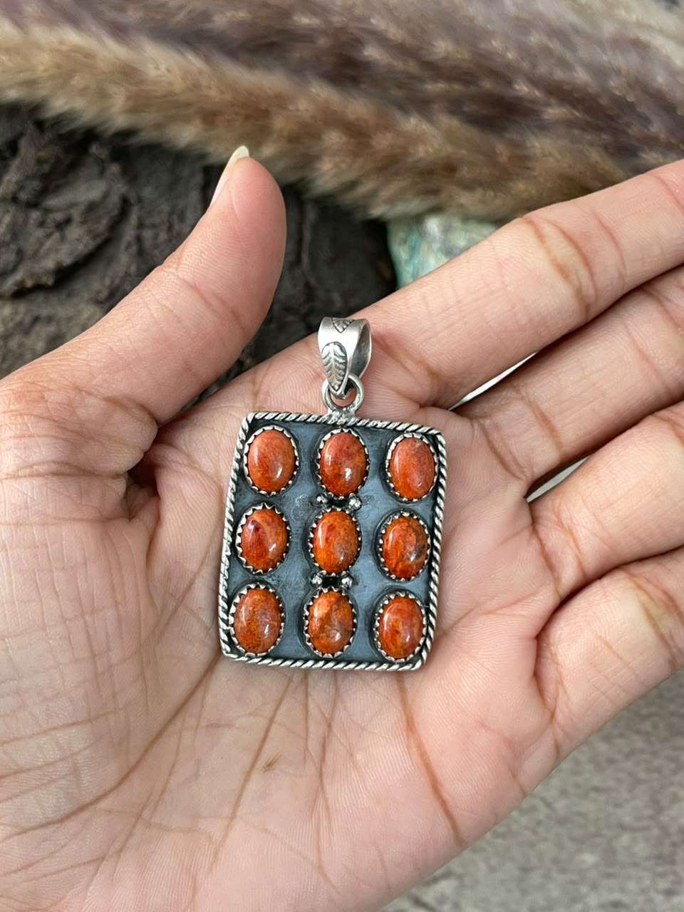Handmade Sterling Silver Orange Mojave Pendant Signed Nizhoni