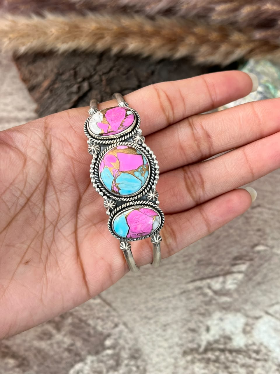 Handmade Sterling Silver Cotton Candy Cuff Bracelet Signed Nizhoni