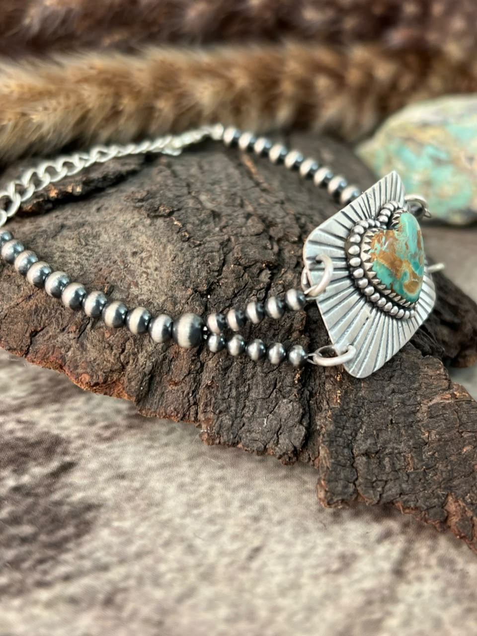 Handmade Sterling Silver Royston Ribbon Turquoise Heart Beaded Chain Bracelet Signed Nizhoni