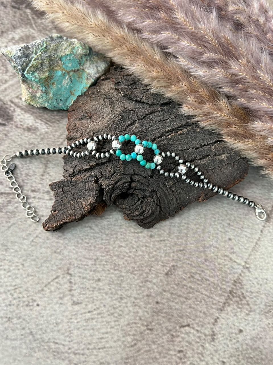 Handmade Sterling Silver Kingman Turquoise Beaded Chain Bracelet Signed Nizhoni