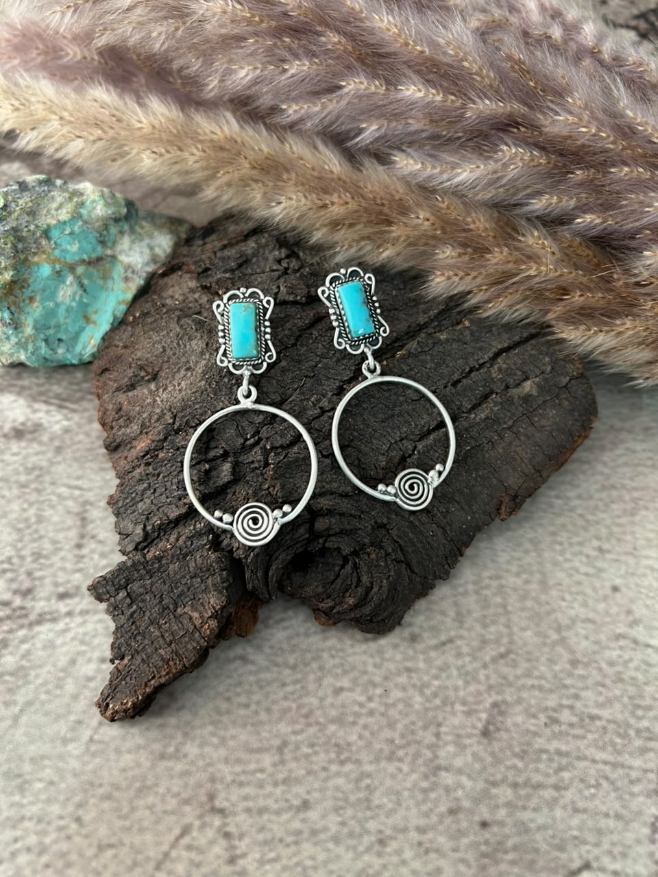 Handmade Sterling Silver Kingman Turquoise Post Dangle Earrings Signed Nizhoni