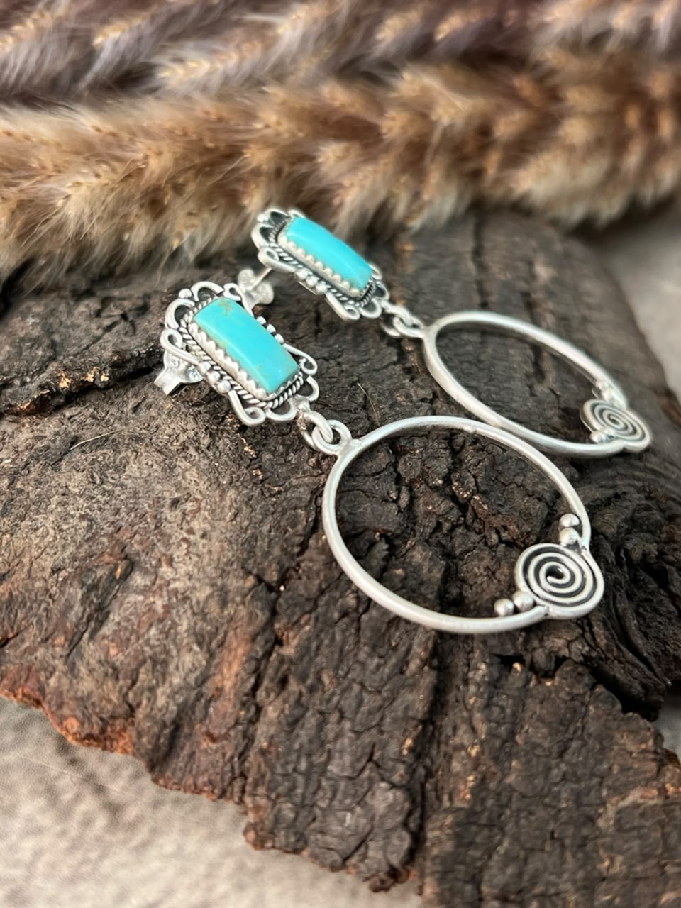 Handmade Sterling Silver Kingman Turquoise Post Dangle Earrings Signed Nizhoni