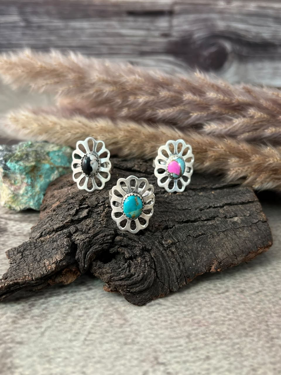 Handmade Sterling Silver White Buffalo, Cotton Candy and Kingman Turquoise Adjustable Ring Signed Nizhoni