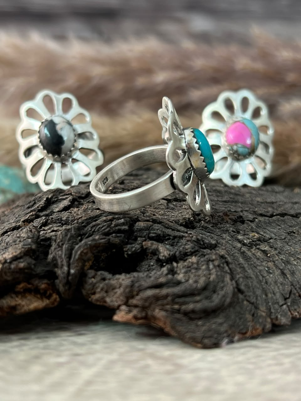 Handmade Sterling Silver White Buffalo, Cotton Candy and Kingman Turquoise Adjustable Ring Signed Nizhoni