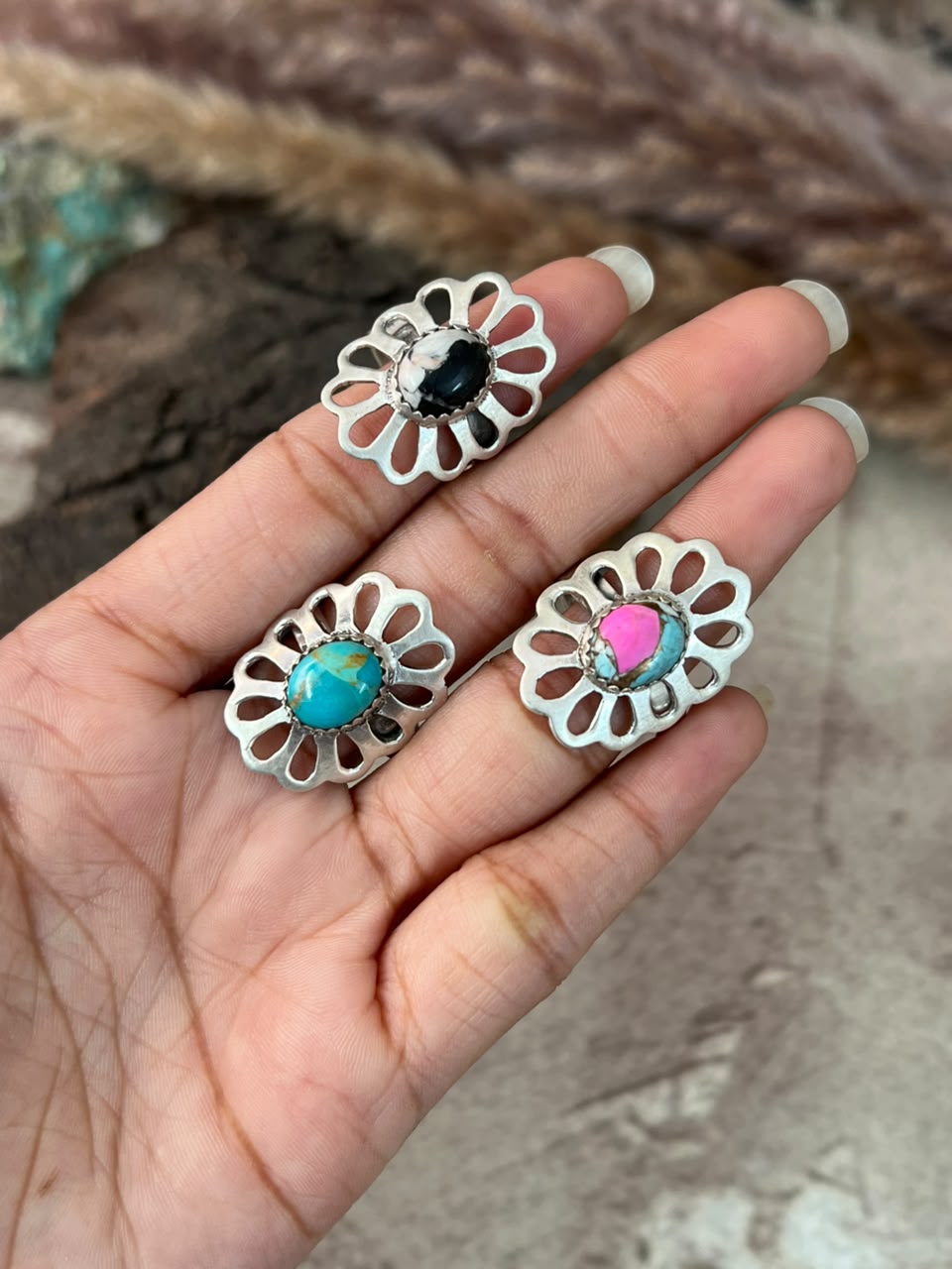 Handmade Sterling Silver White Buffalo, Cotton Candy and Kingman Turquoise Adjustable Ring Signed Nizhoni