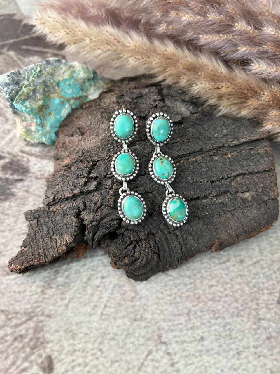 Handmade Sterling Silver Kingman Turquoise Post Dangle Earrings Signed Nizhoni