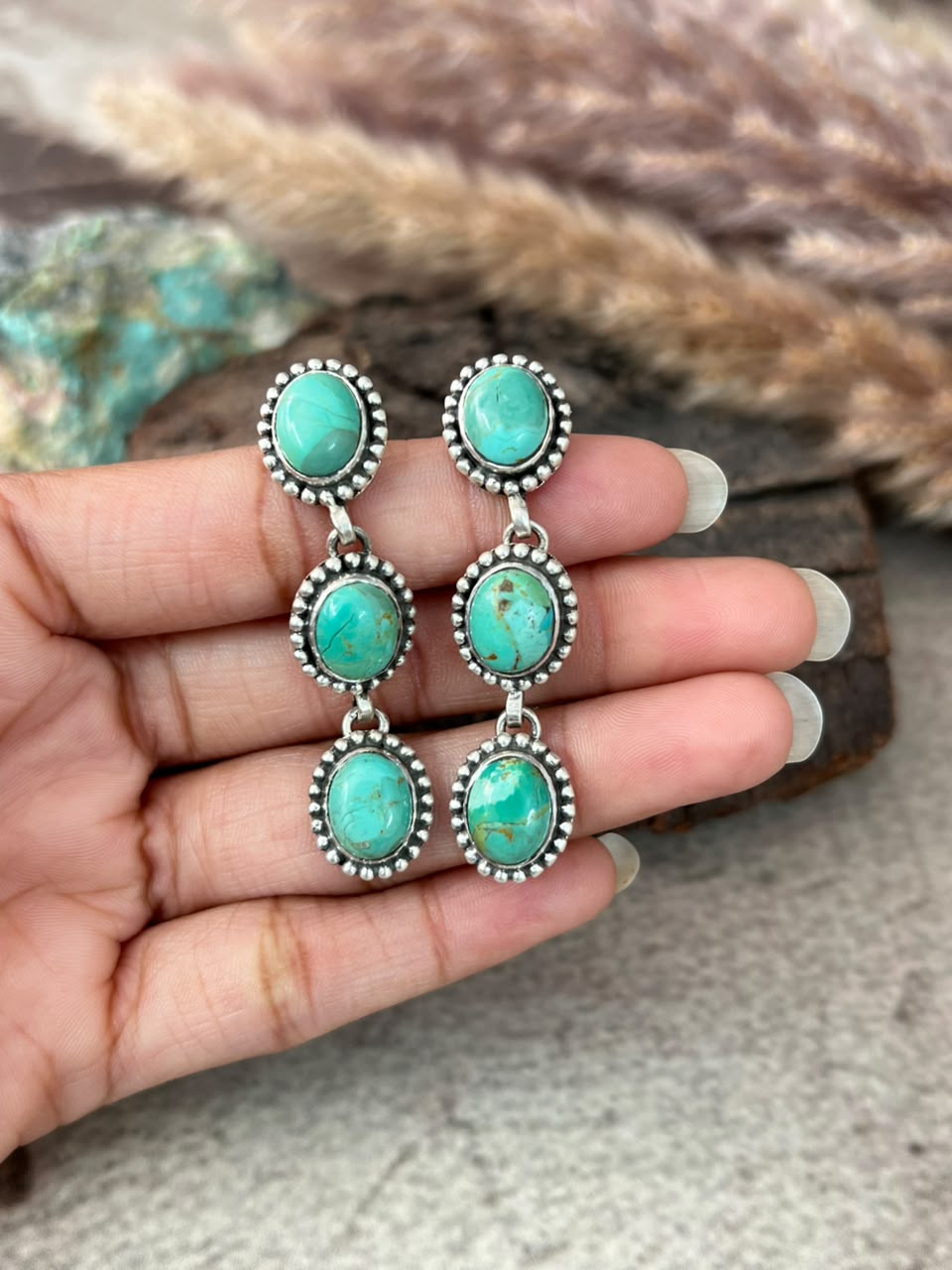Handmade Sterling Silver Kingman Turquoise Post Dangle Earrings Signed Nizhoni
