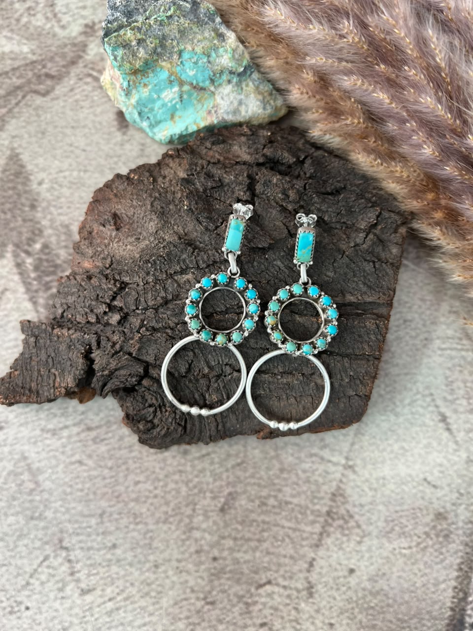 Handmade Sterling Silver Kingman Turquoise Post Dangle Earrings Signed Nizhoni