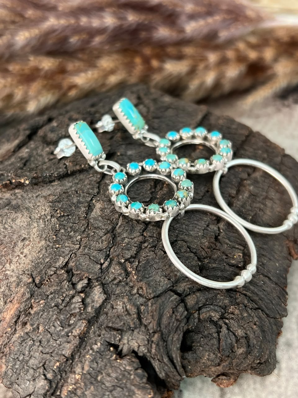 Handmade Sterling Silver Kingman Turquoise Post Dangle Earrings Signed Nizhoni