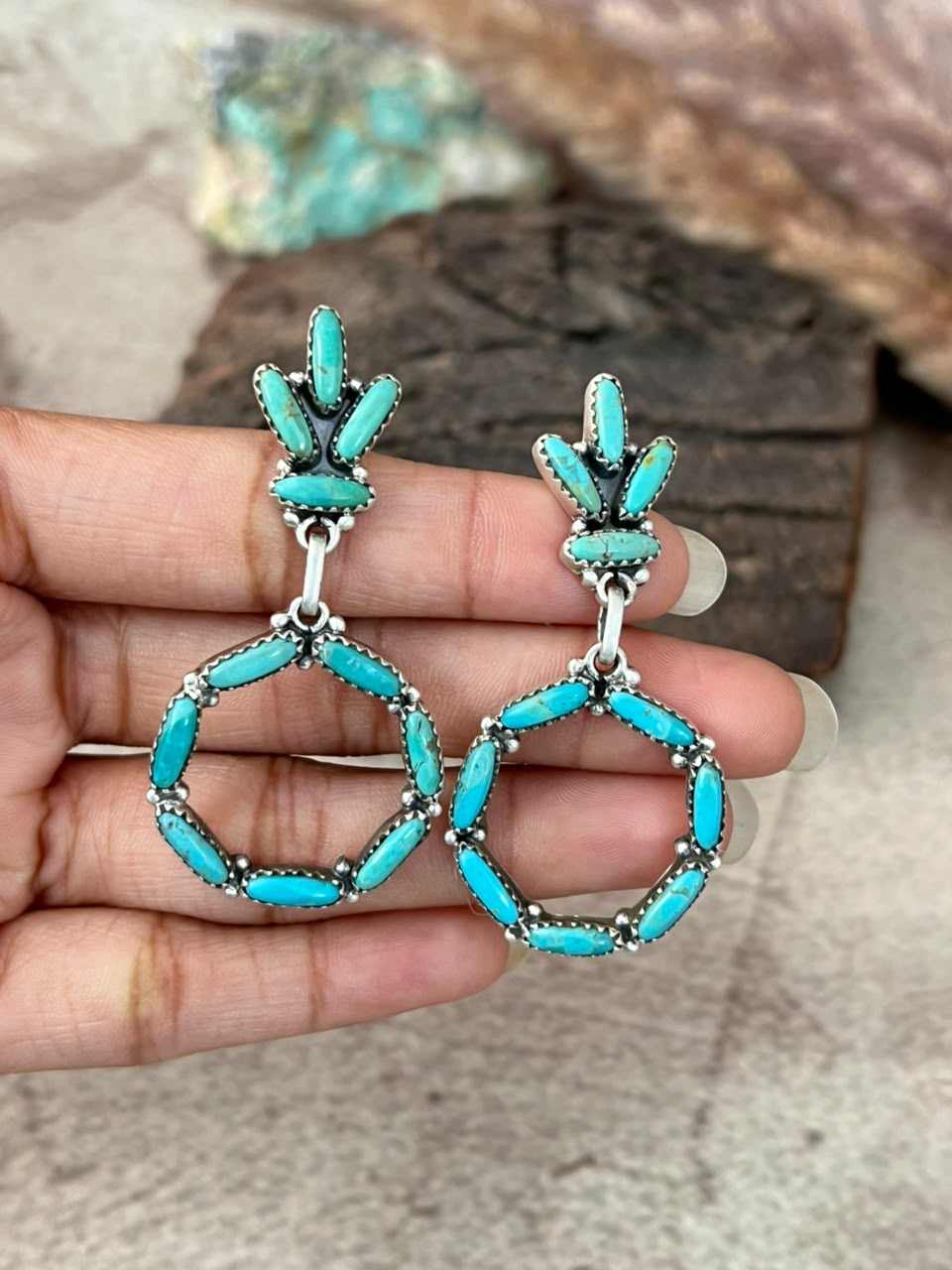 Handmade Sterling Silver Kingman Turquoise Post Dangle Earrings Signed Nizhoni