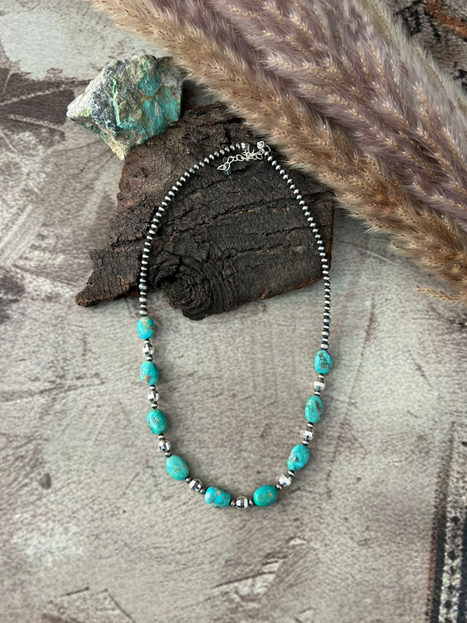Handmade Sterling Silver Kingman Turquoise Beaded Necklace Signed Nizhoni
