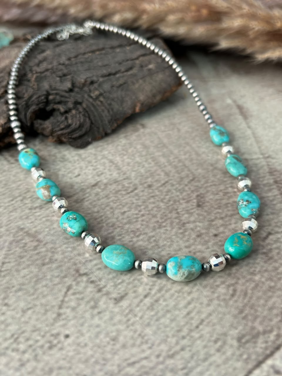 Handmade Sterling Silver Kingman Turquoise Beaded Necklace Signed Nizhoni