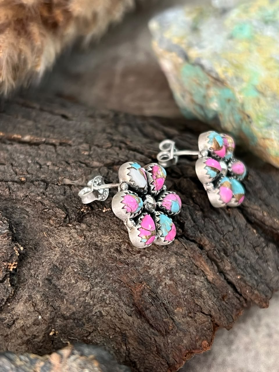 Handmade Sterling Silver Cotton Candy Post Studs Earrings Signed Nizhoni