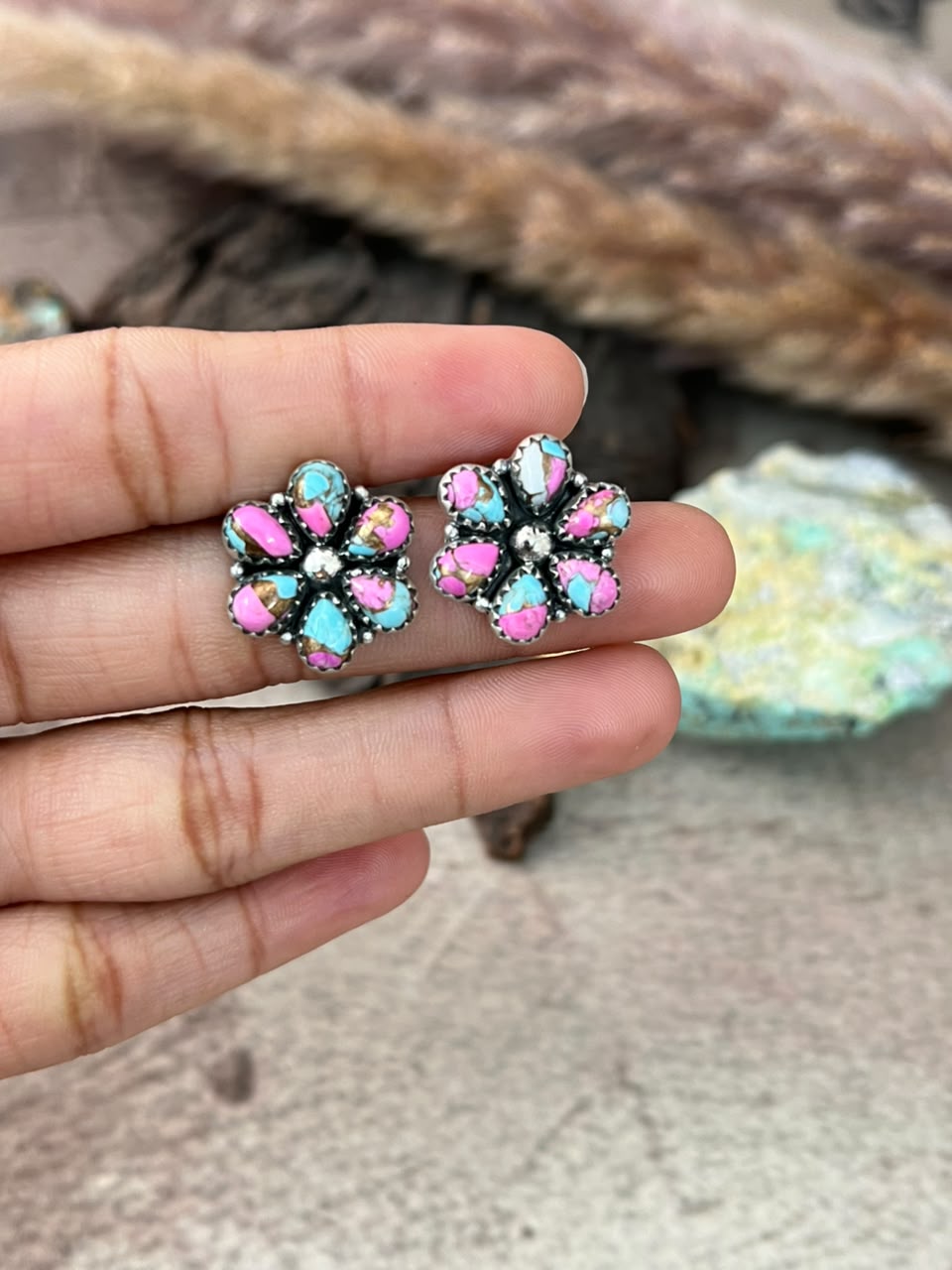 Handmade Sterling Silver Cotton Candy Post Studs Earrings Signed Nizhoni