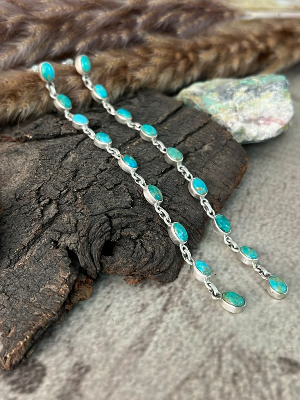 Handmade Sterling Silver Kingman Turquoise Post Dangle Earrings Signed Nizhoni