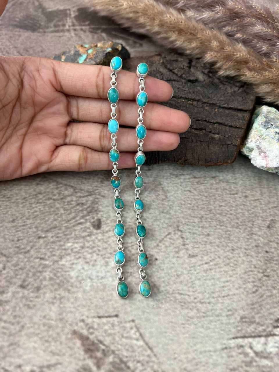 Handmade Sterling Silver Kingman Turquoise Post Dangle Earrings Signed Nizhoni
