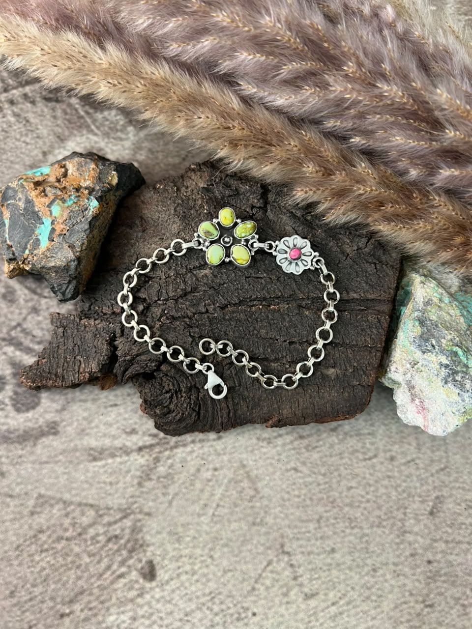 Handmade Sterling Silver Palomino Turquoise with Cotton Candy Chain Bracelet Signed Nizhoni
