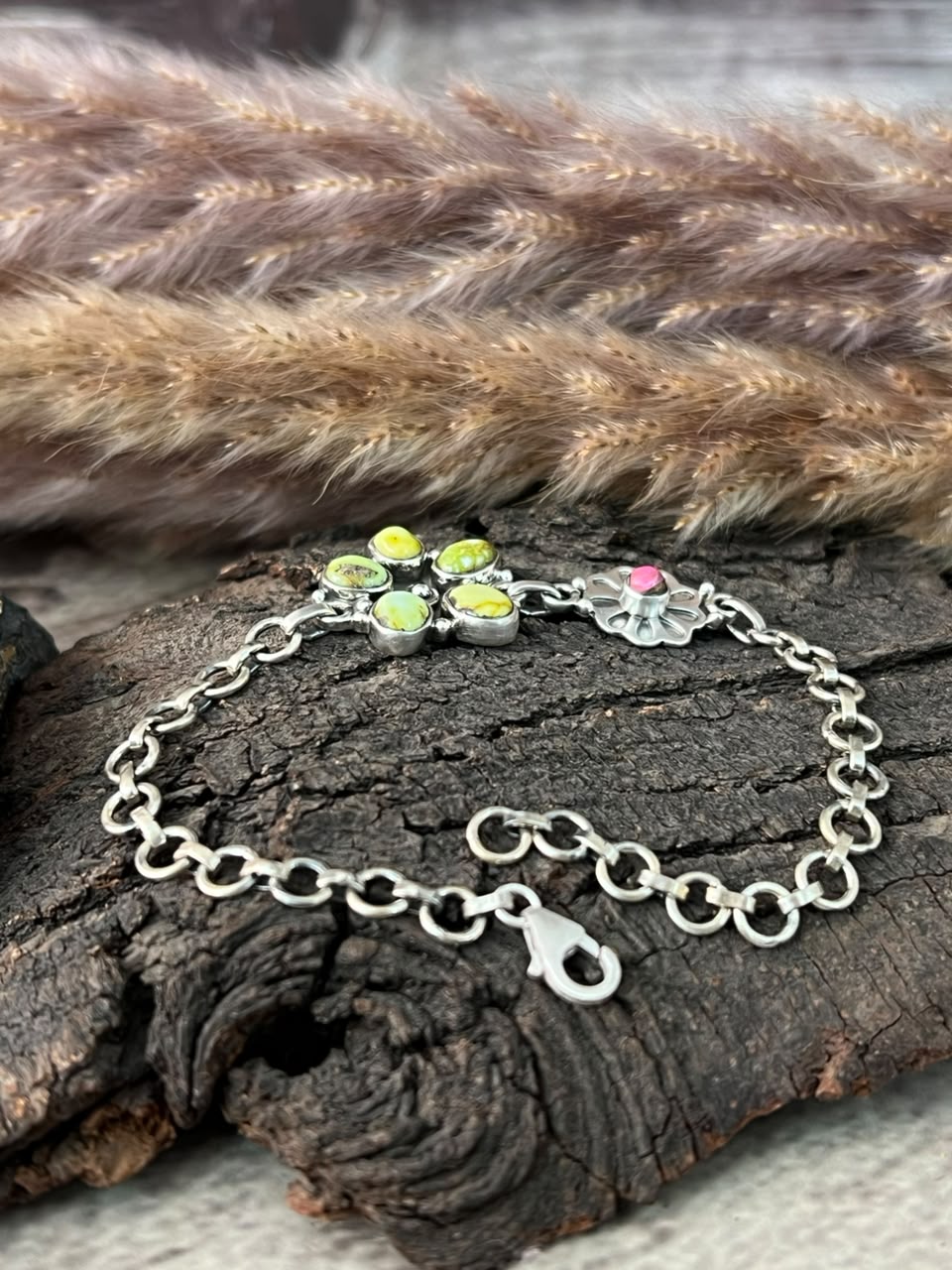 Handmade Sterling Silver Palomino Turquoise with Cotton Candy Chain Bracelet Signed Nizhoni